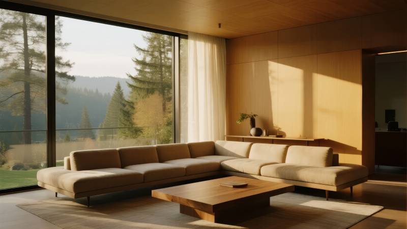 现代客厅 窗外山景图片