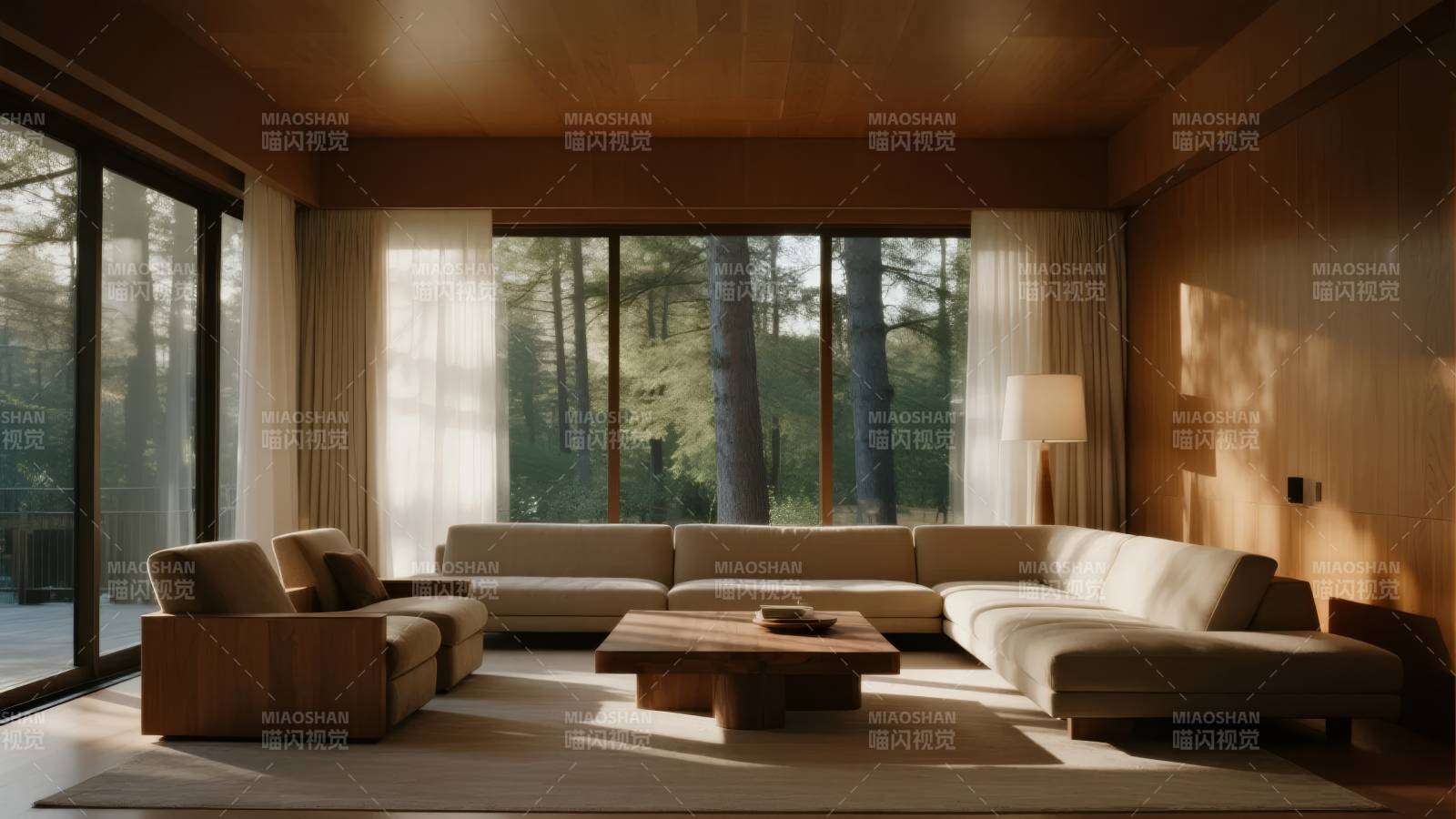 现代木质客厅 窗外绿意盎然图片