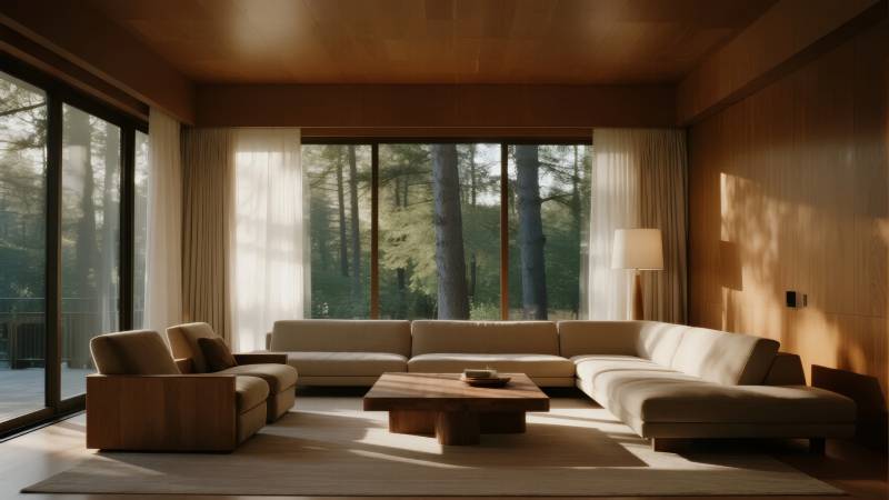 现代木质客厅 窗外绿意盎然图片