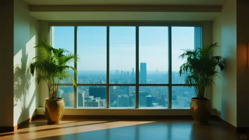 窗景城市绿植光影图片