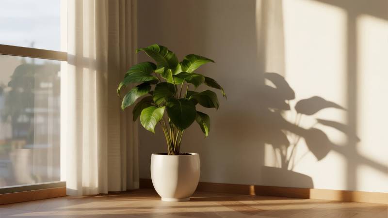 窗边绿植光影图片