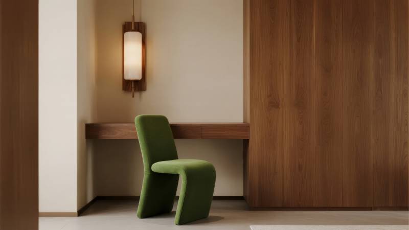 绿椅静坐 木墙灯影图片