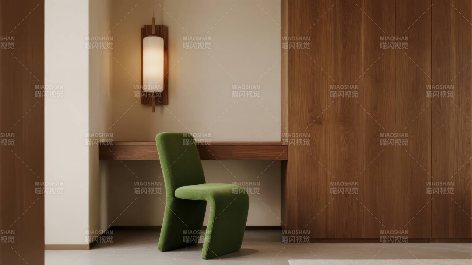 绿椅静坐 木墙灯影图片