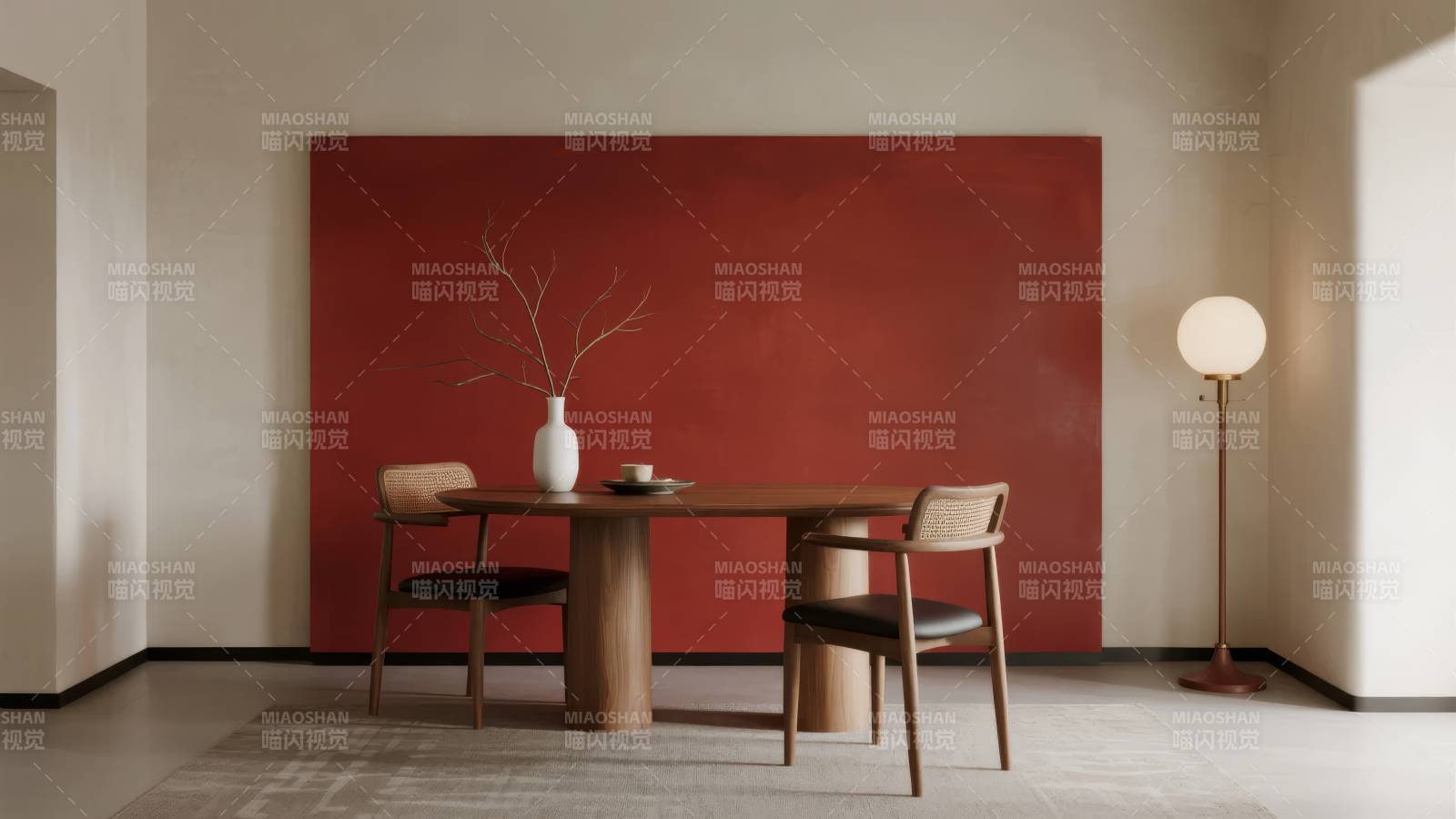 简约红墙餐桌景图片