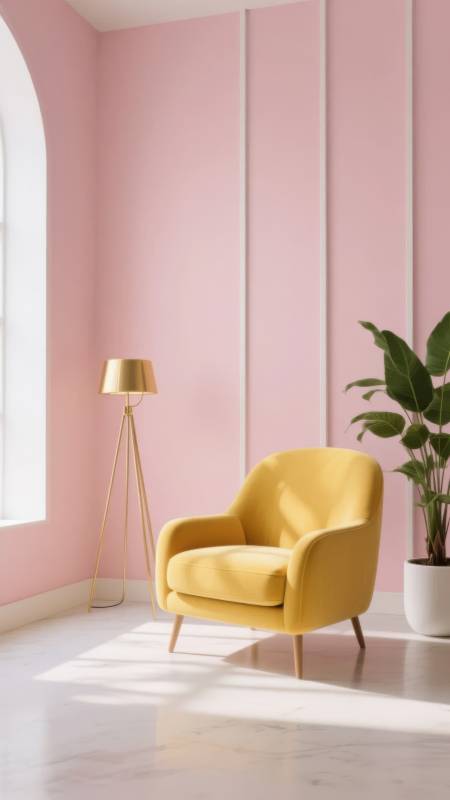 粉墙黄椅绿植光图片