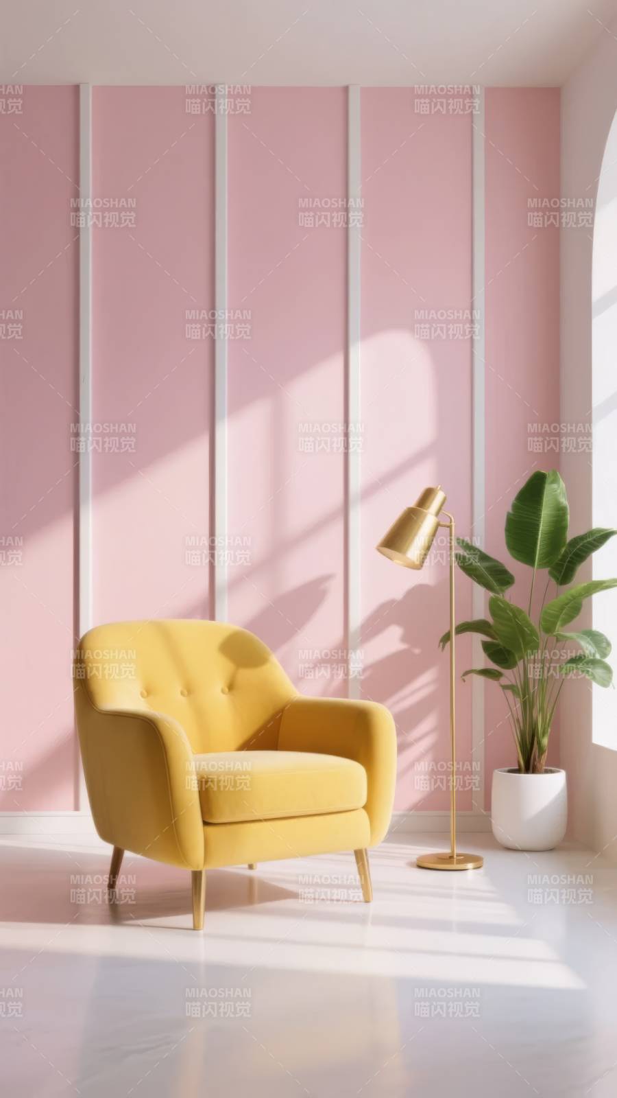 粉墙黄椅绿植光影图片