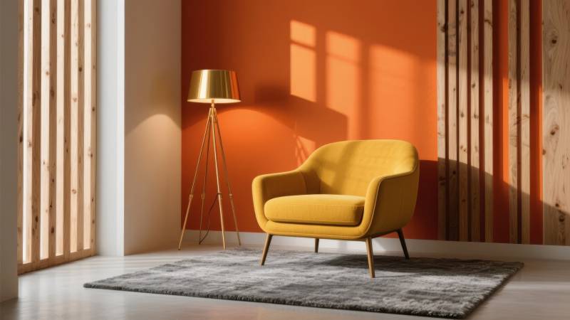 橙色客厅的黄色沙发图片