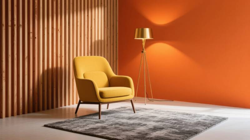 橙色空间里的黄色沙发椅图片
