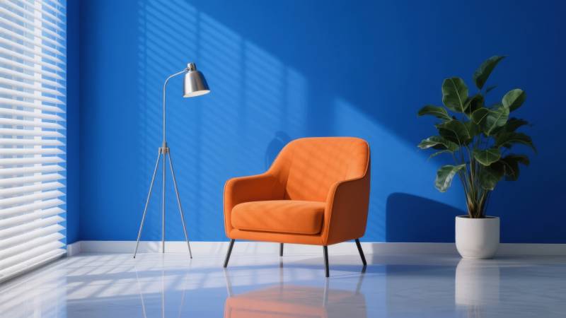 橙椅蓝墙绿植静谧图片