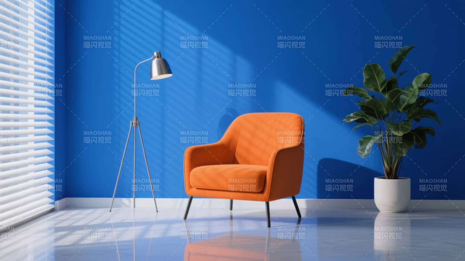 橙椅蓝墙绿植静谧图片