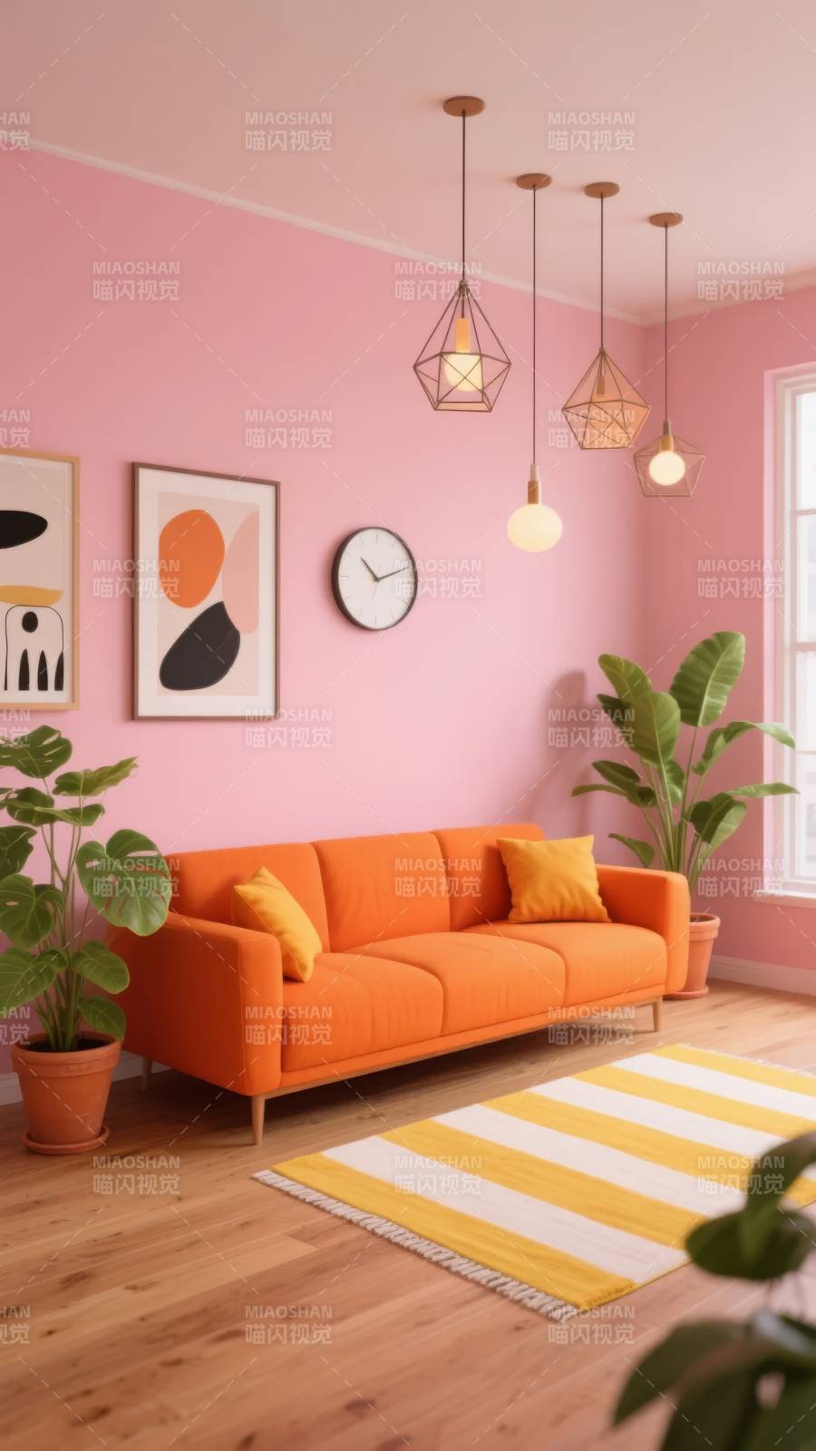 粉橙客厅 温馨明亮图片