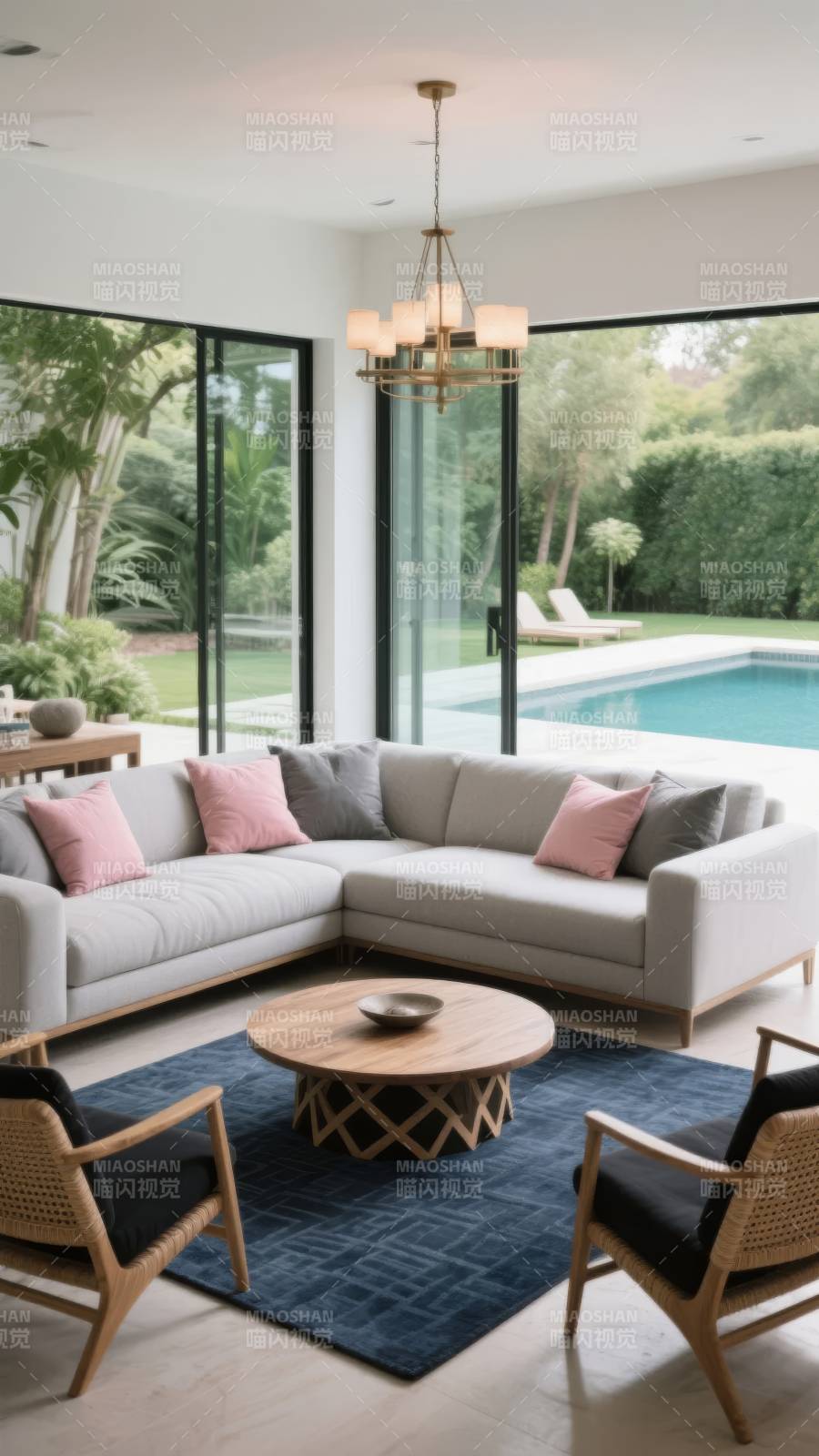现代客厅泳池景图片