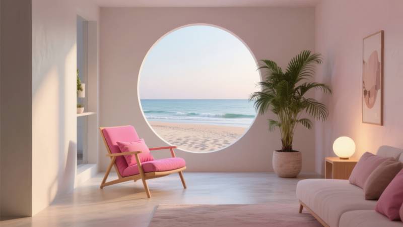 海边圆窗客厅图片