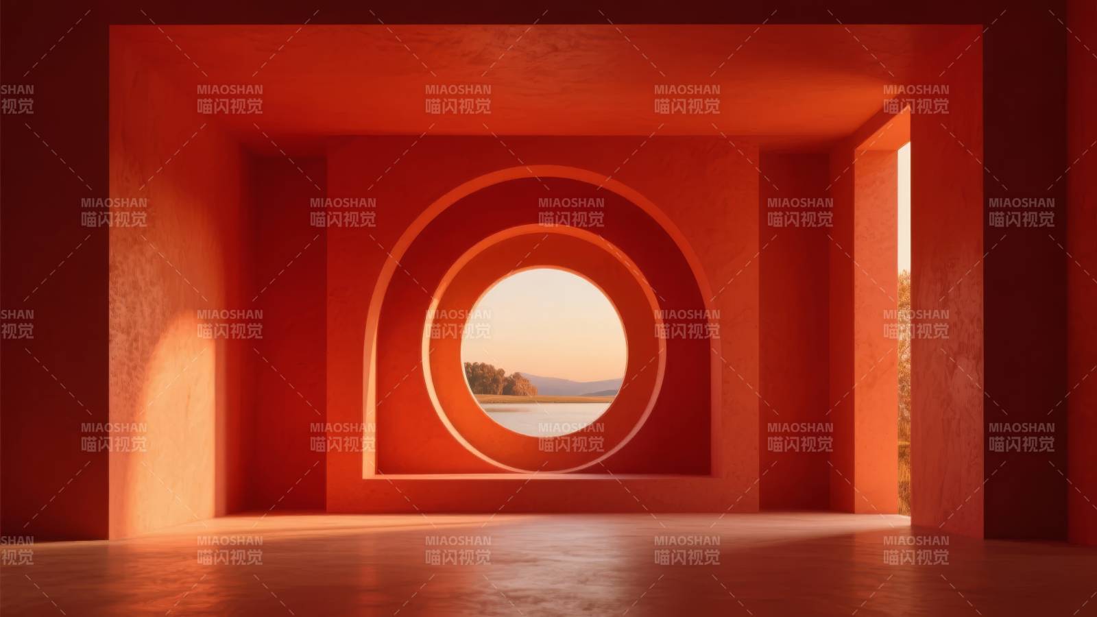 红墙圆窗映湖景图片