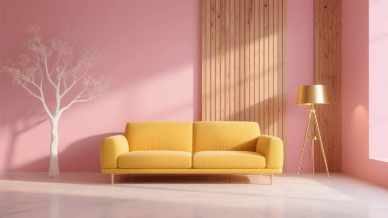 粉色房间里的黄色沙发图片