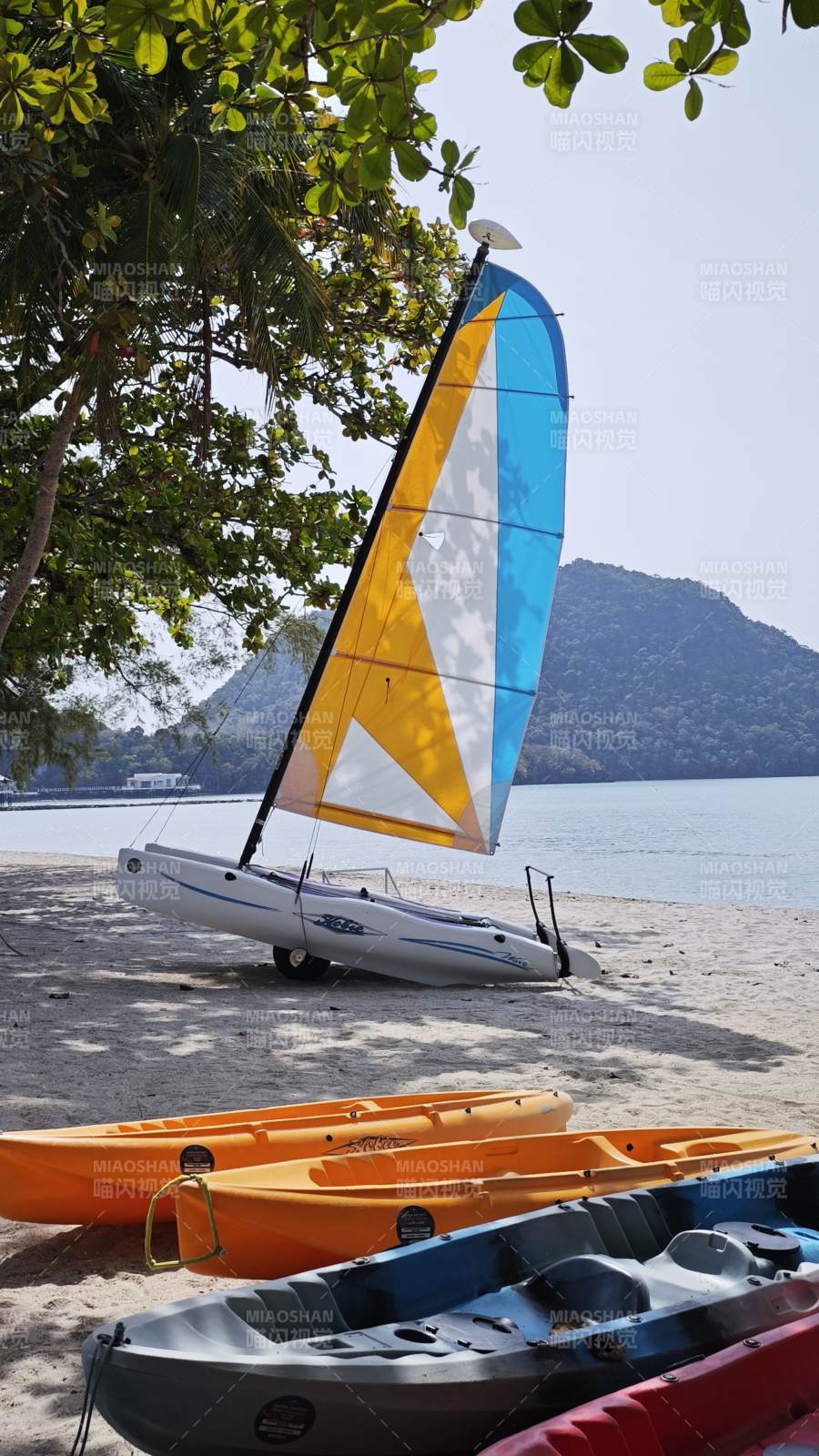 海滩上的帆船与皮划艇图片