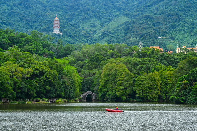 深圳仙湖植物园青山绿水间的古塔风景图片