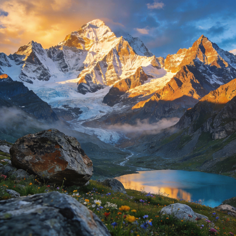 雪山映湖 花海晨光图片