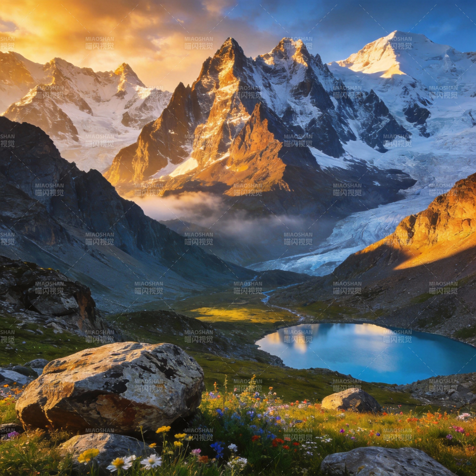 雪山映湖 花海晨光图片