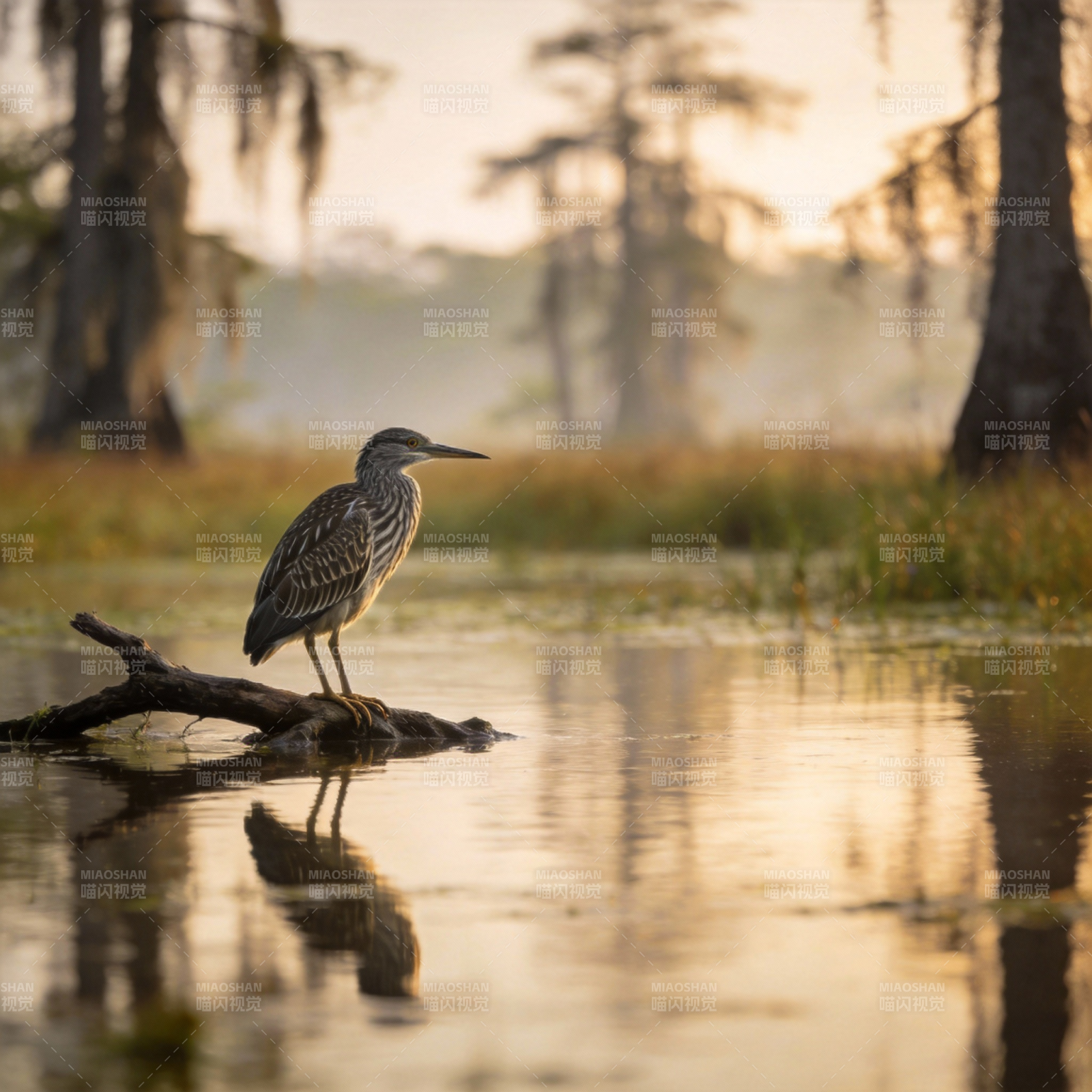 湿地晨光中的鹭鸟图片