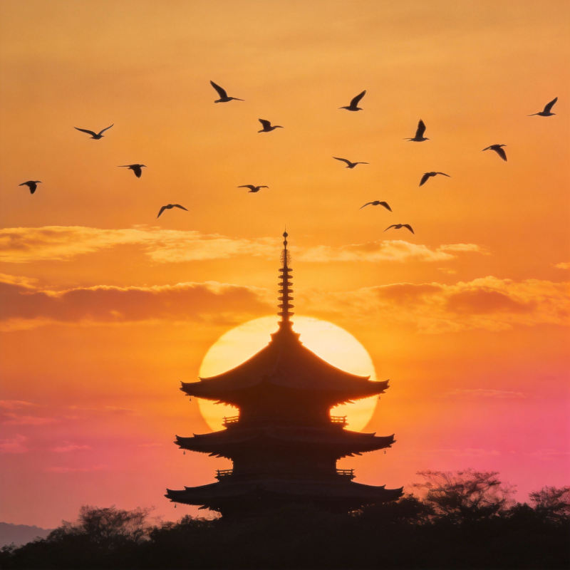 夕阳塔影飞鸟归图片