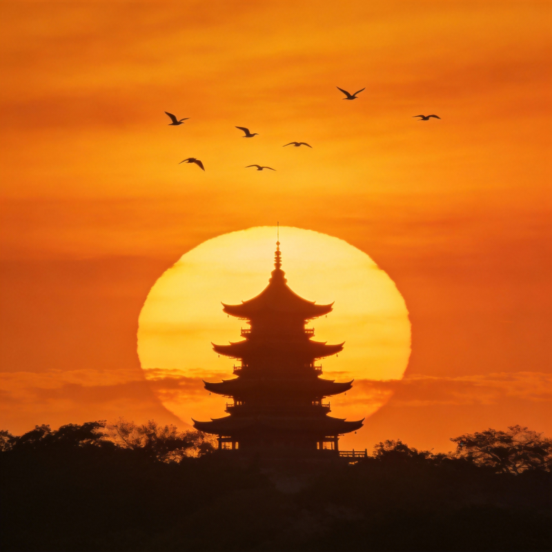 夕阳塔影飞鸟归图片