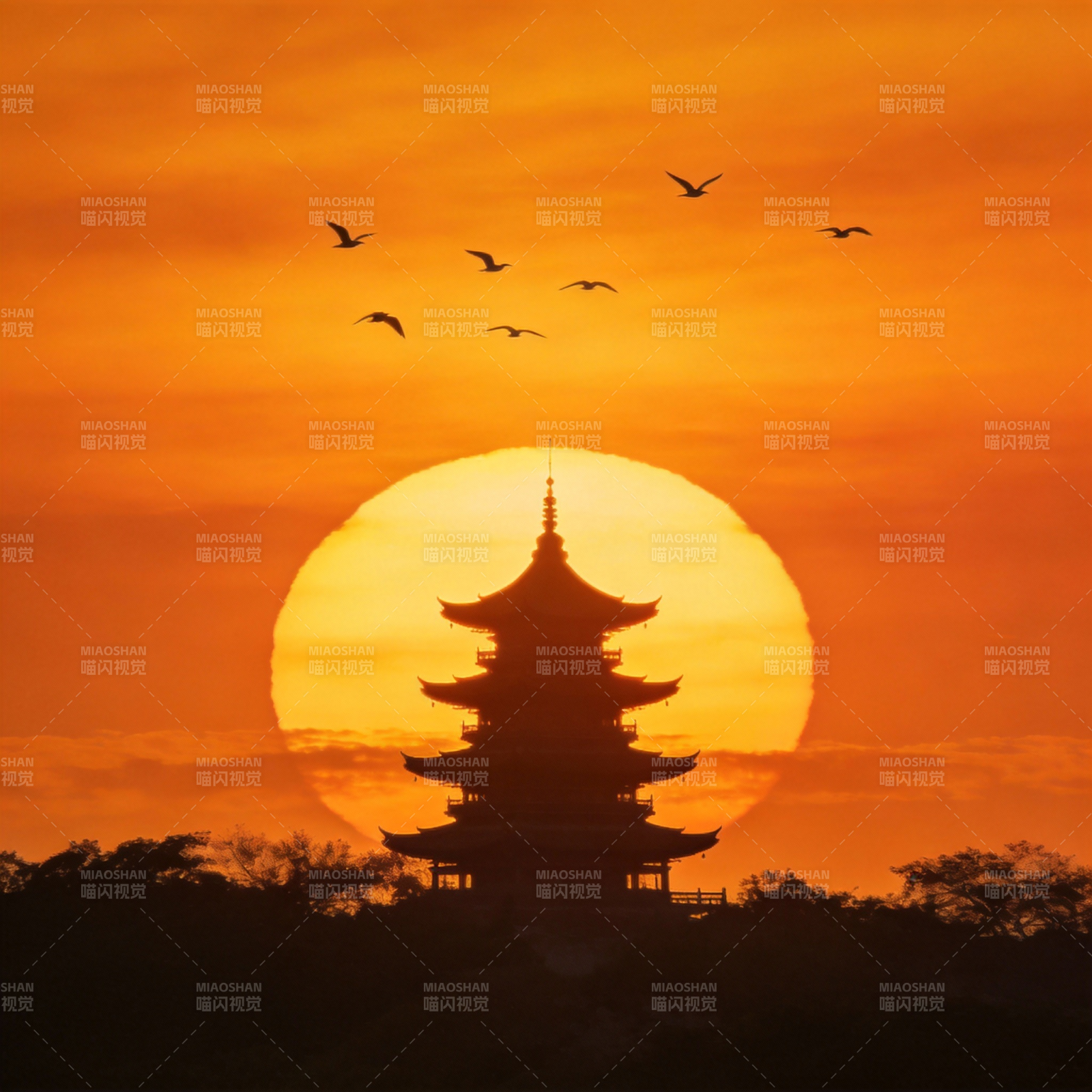 夕阳塔影飞鸟归图片