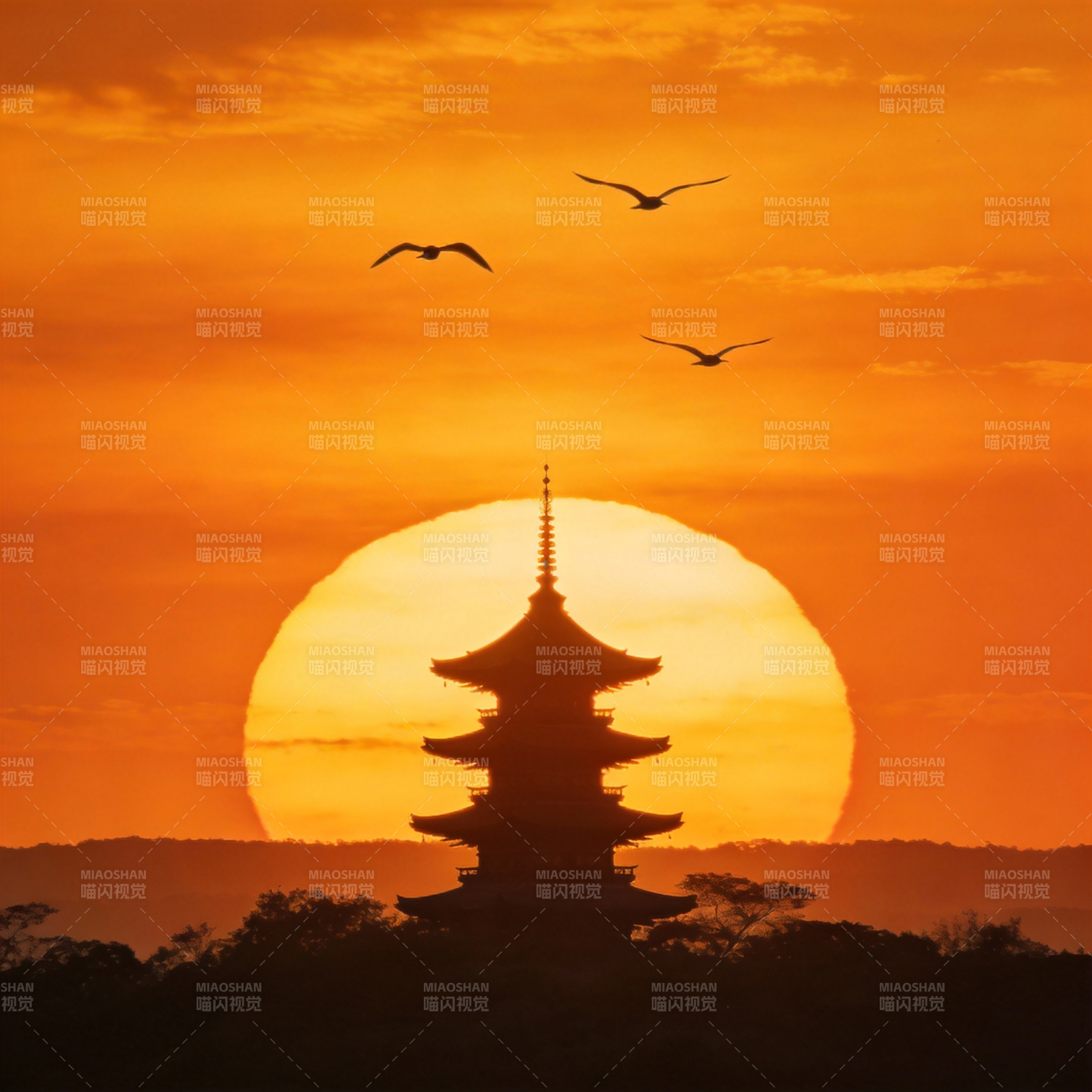 夕阳塔影飞鸟图片