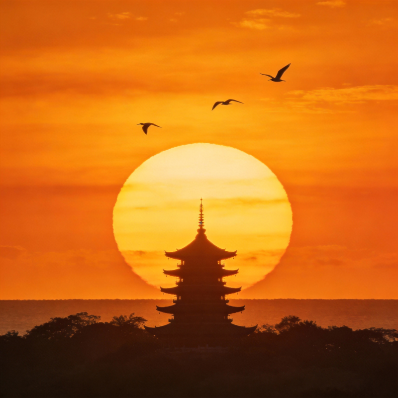 夕阳塔影飞鸟图片