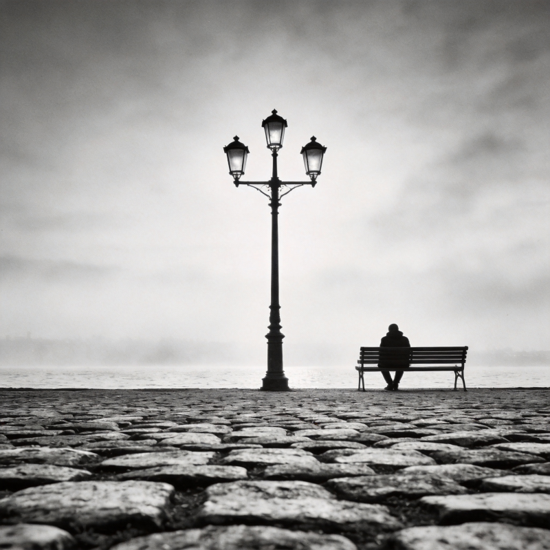 孤影静坐长街灯下图片