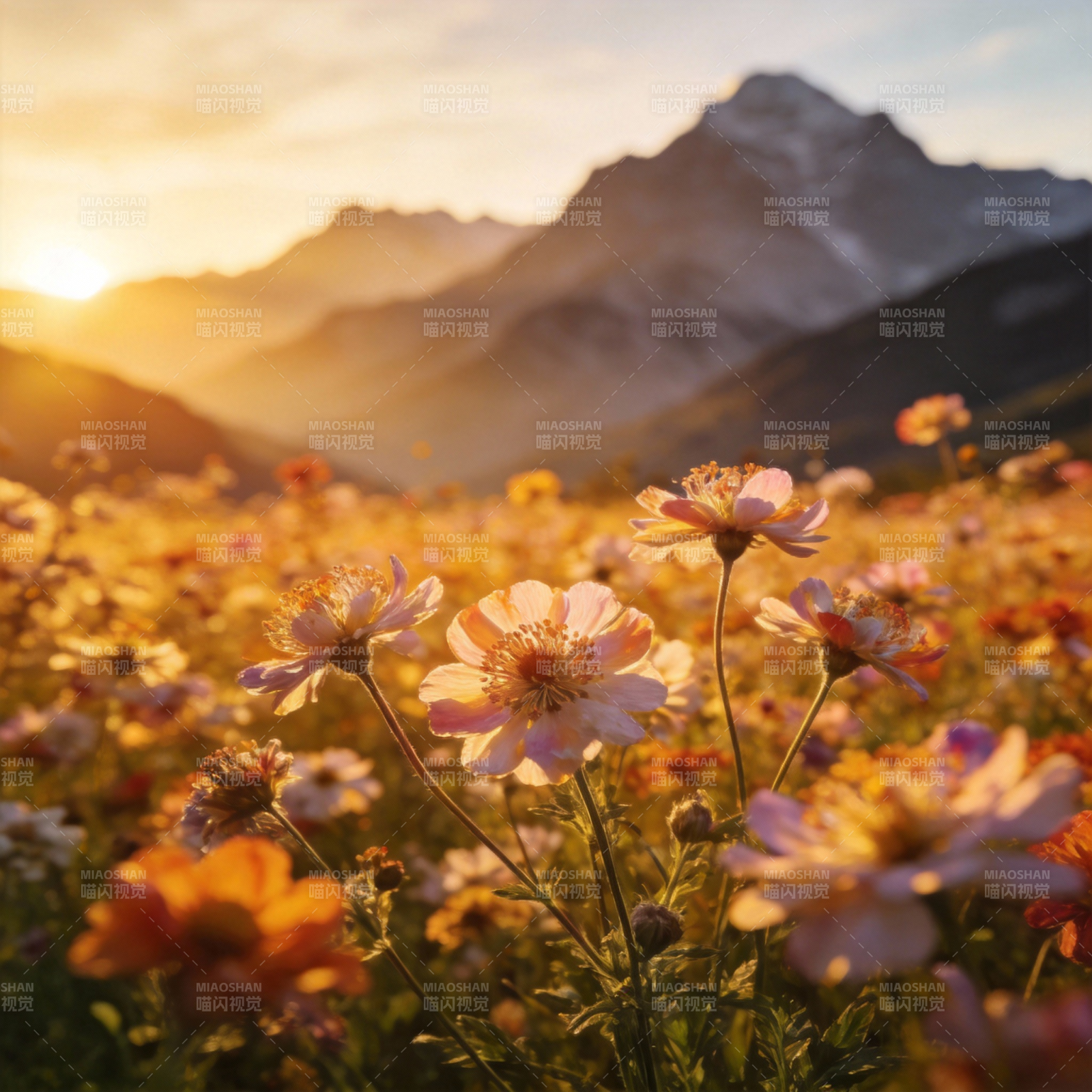 山野花海夕阳图片