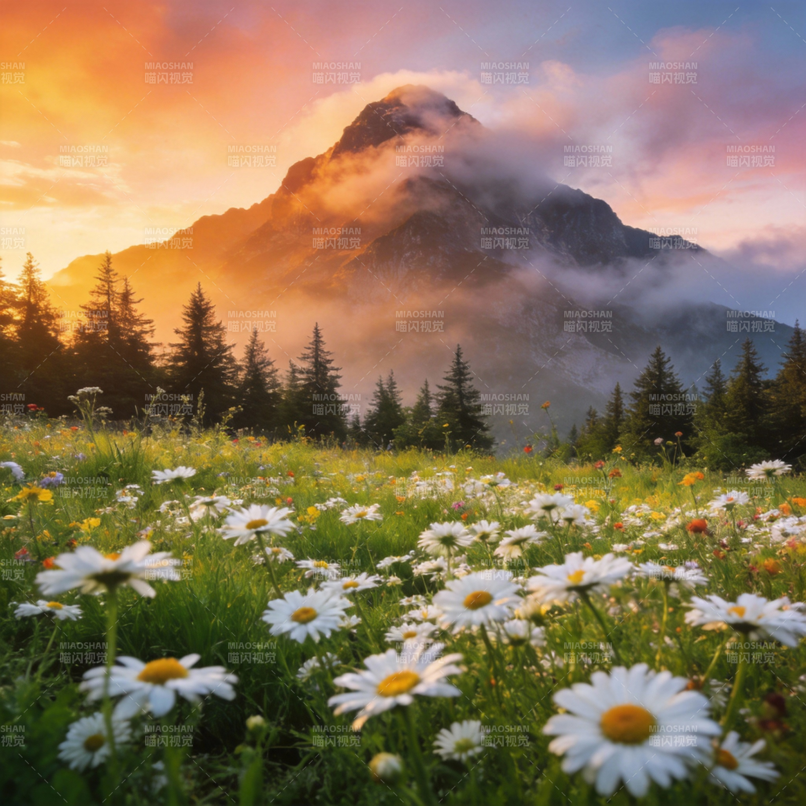 山花映霞光图片