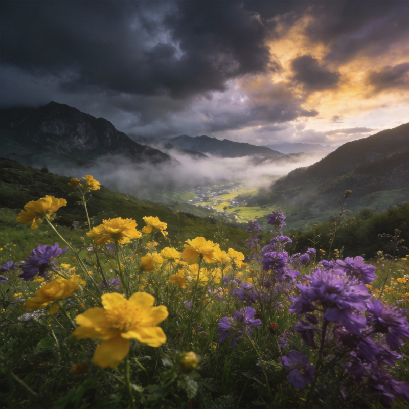 山野花海暮色图片
