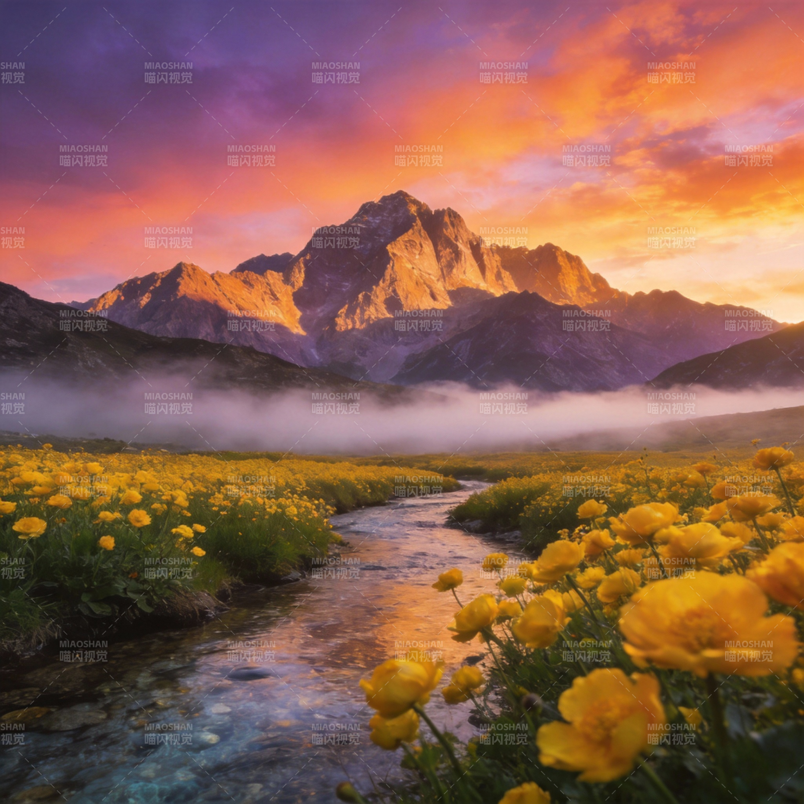 山花溪流映霞光图片