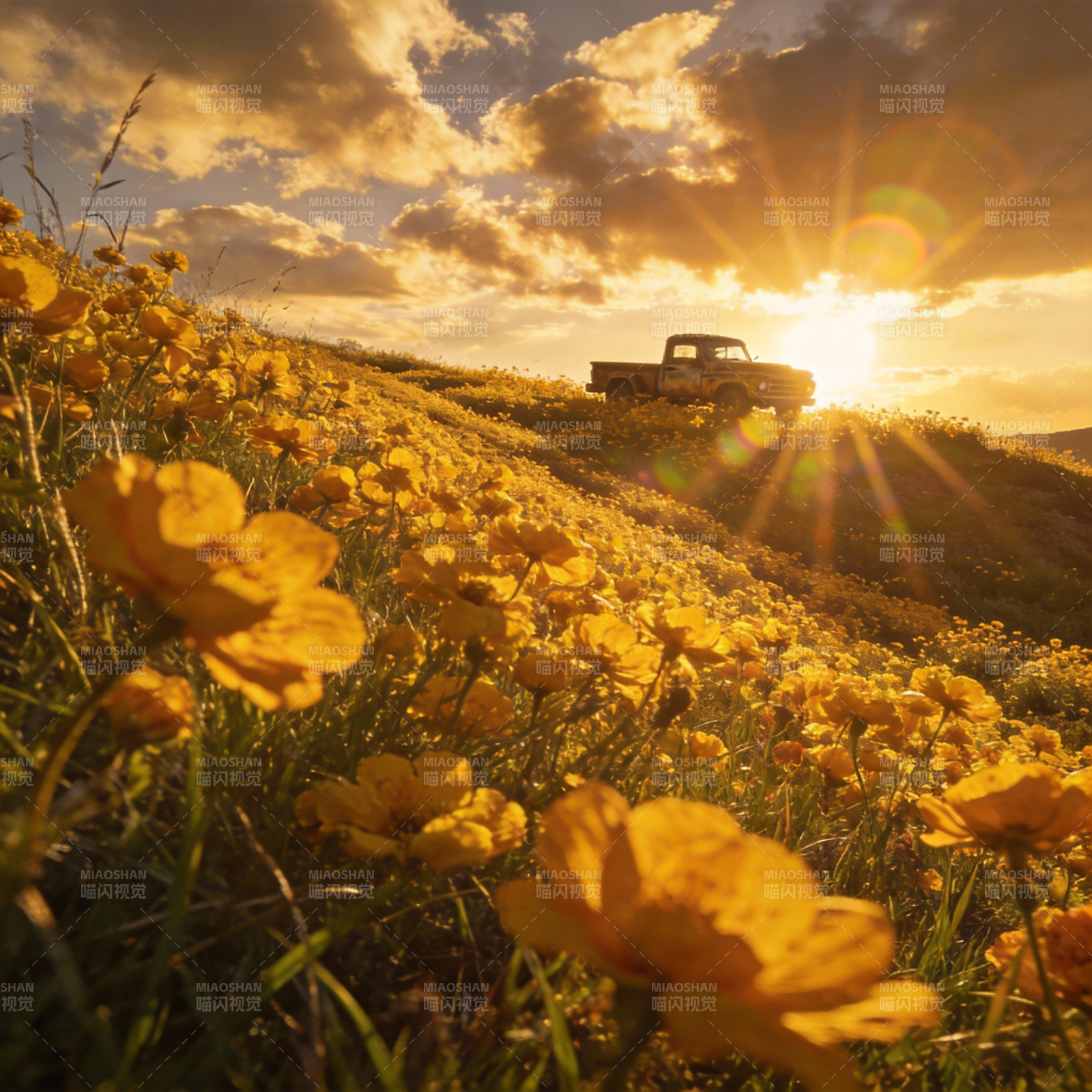 花海夕阳车影图片