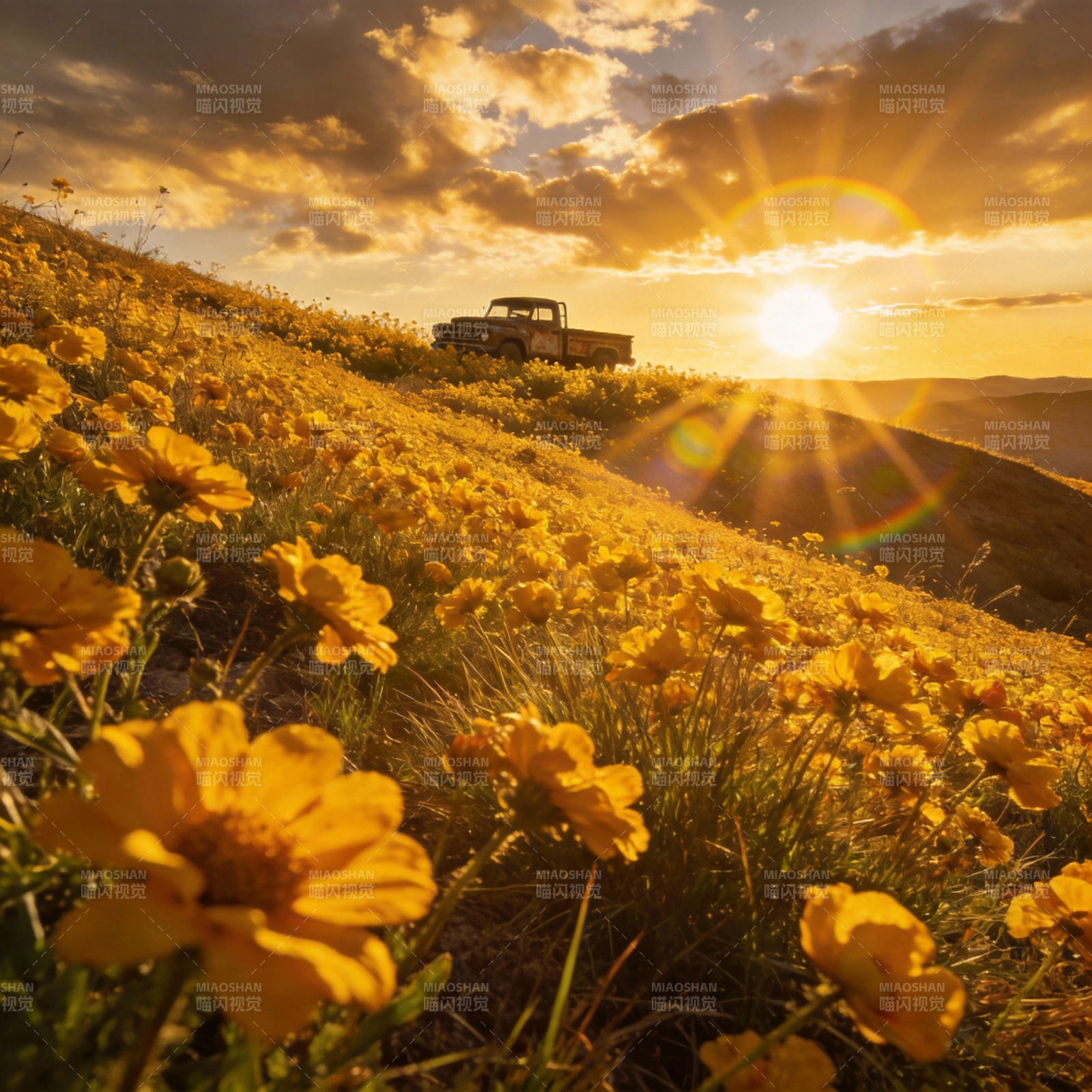 夕阳花海旧车影图片