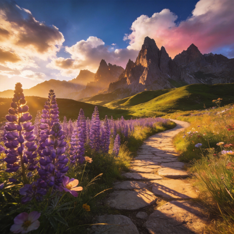 山间花径日落时图片