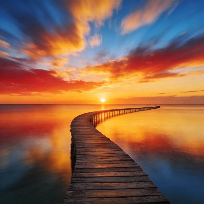 夕阳下的木栈道图片