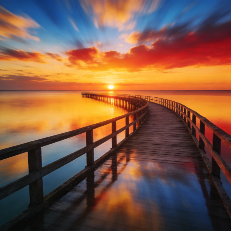 夕阳长桥映彩霞图片