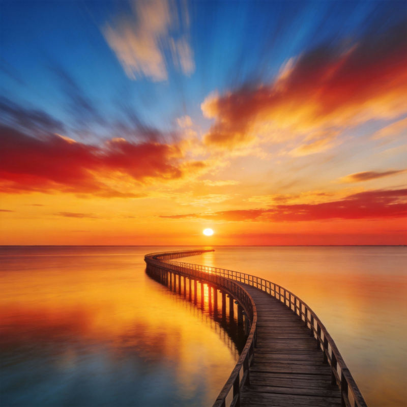 日落长桥映彩霞图片