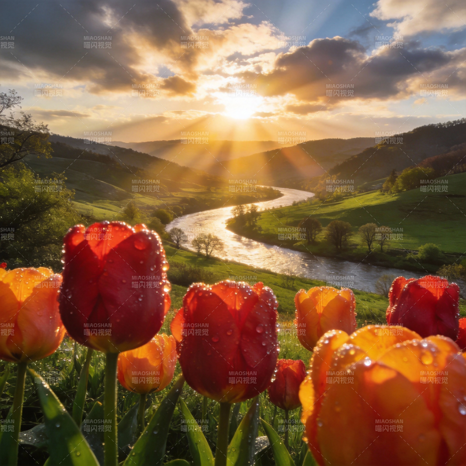 春日花溪晨曦图片