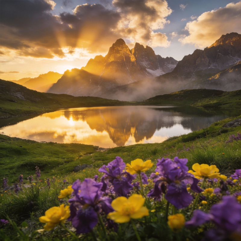 山湖花影 晨光如画图片
