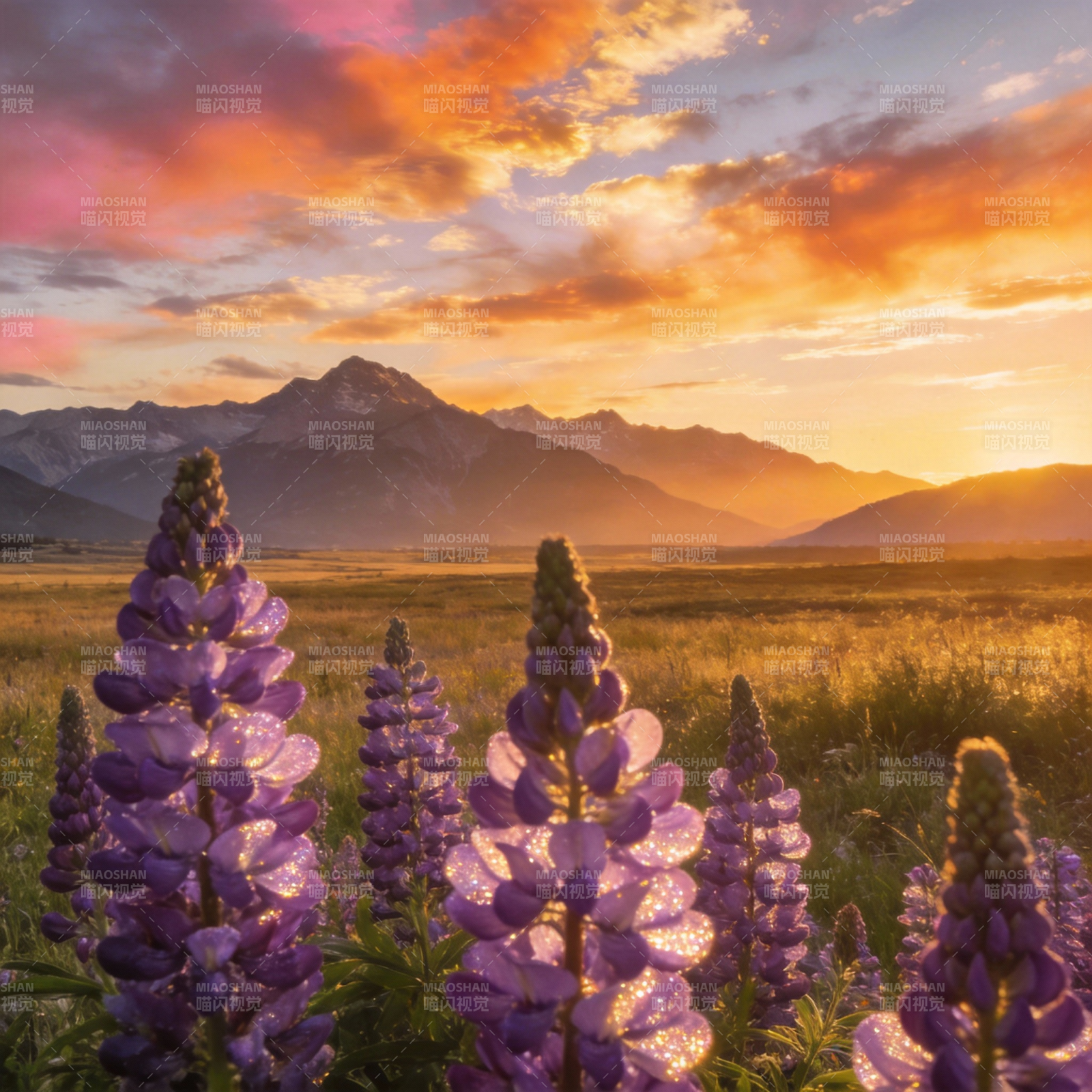 山野花海日落图片