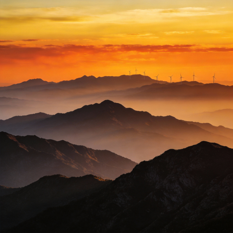 山峦日落风车影图片
