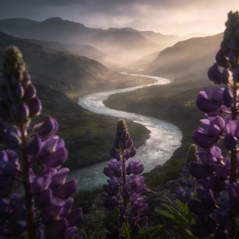 山间溪流与紫花图片