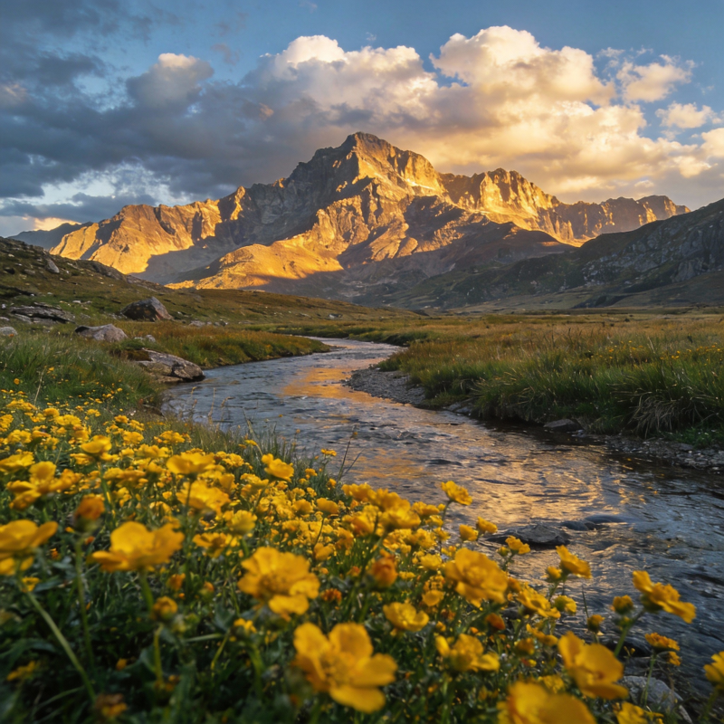 山野花溪映霞光图片