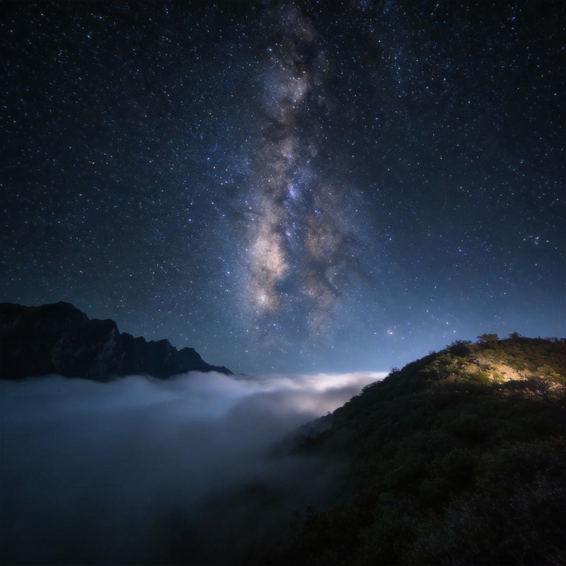 星河山雾夜景图片