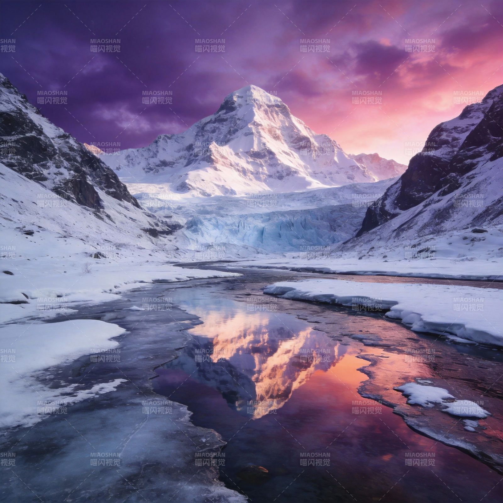 雪山倒影映彩霞图片