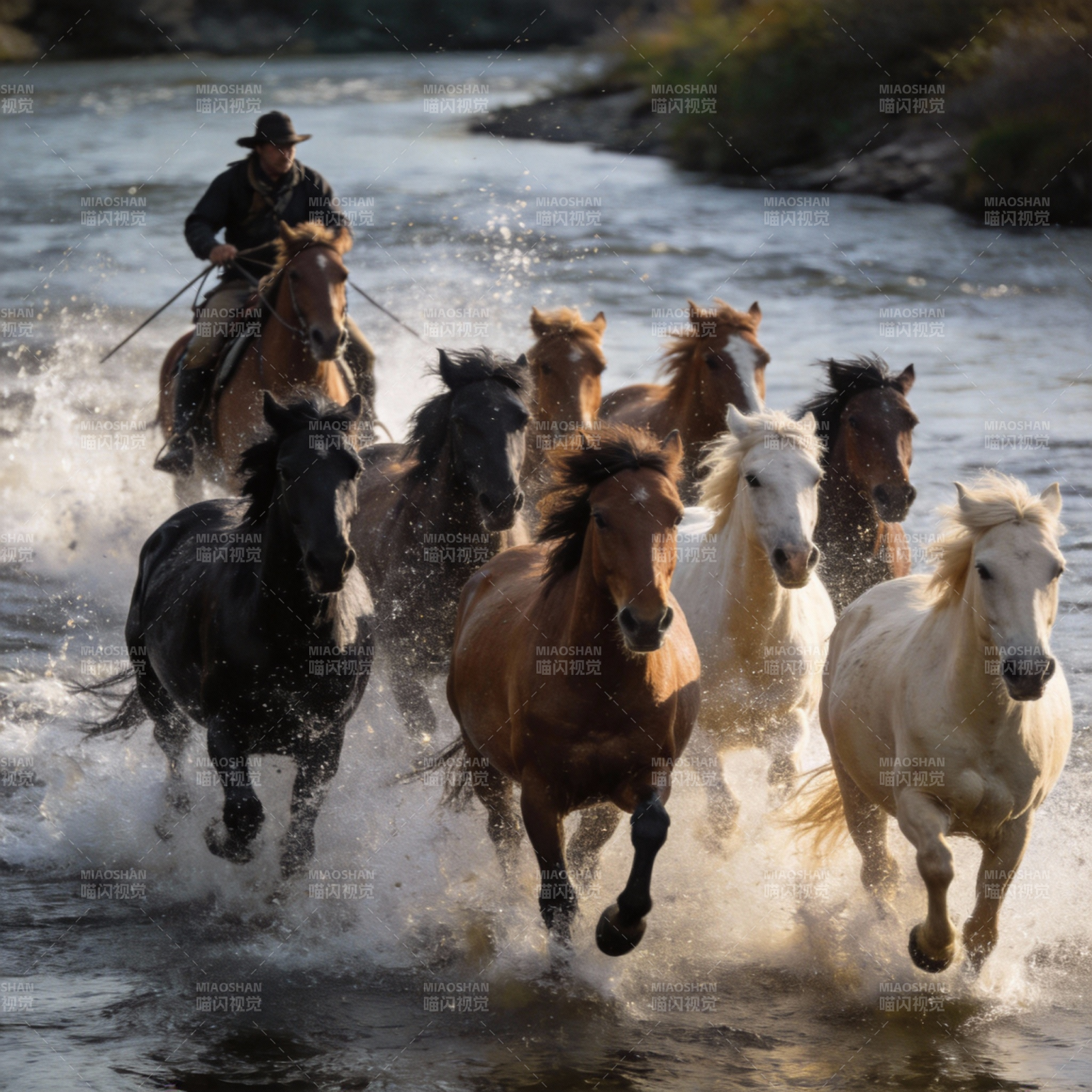 骏马奔腾过河图片