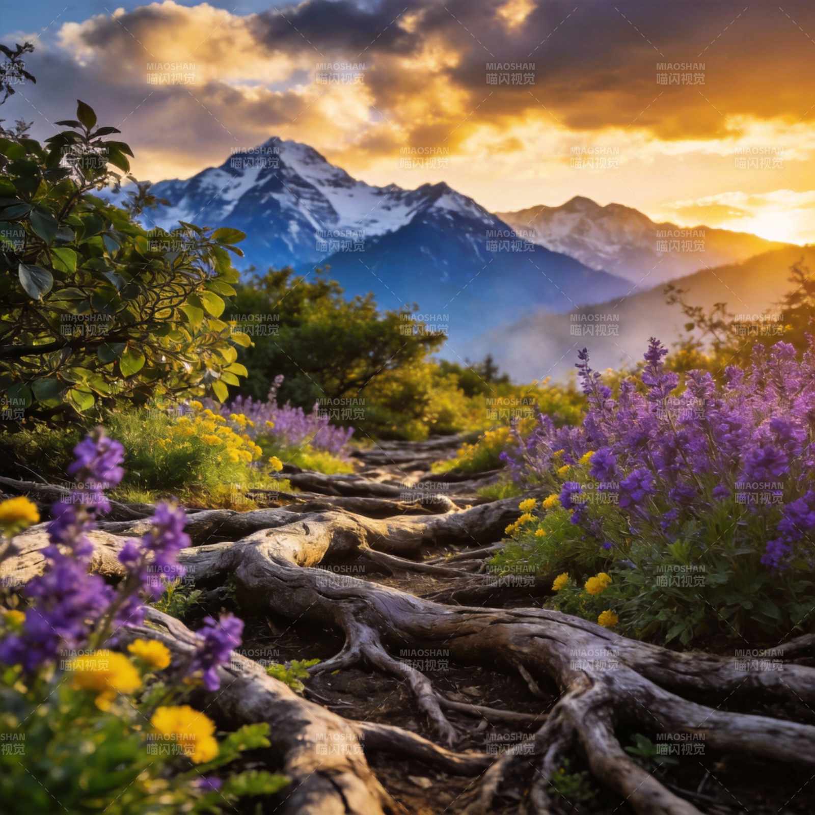 山径花海日出图片